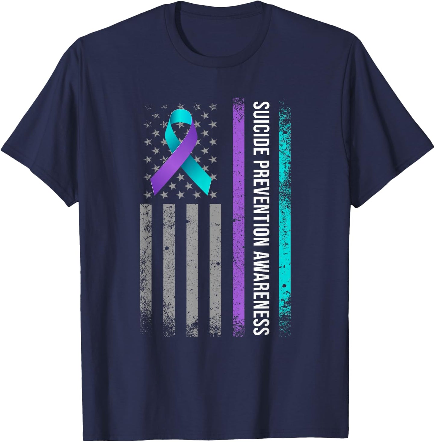 American Flag Suicide Prevention Awareness Teal and Purple T-Shirt - T-Shirt | Navy