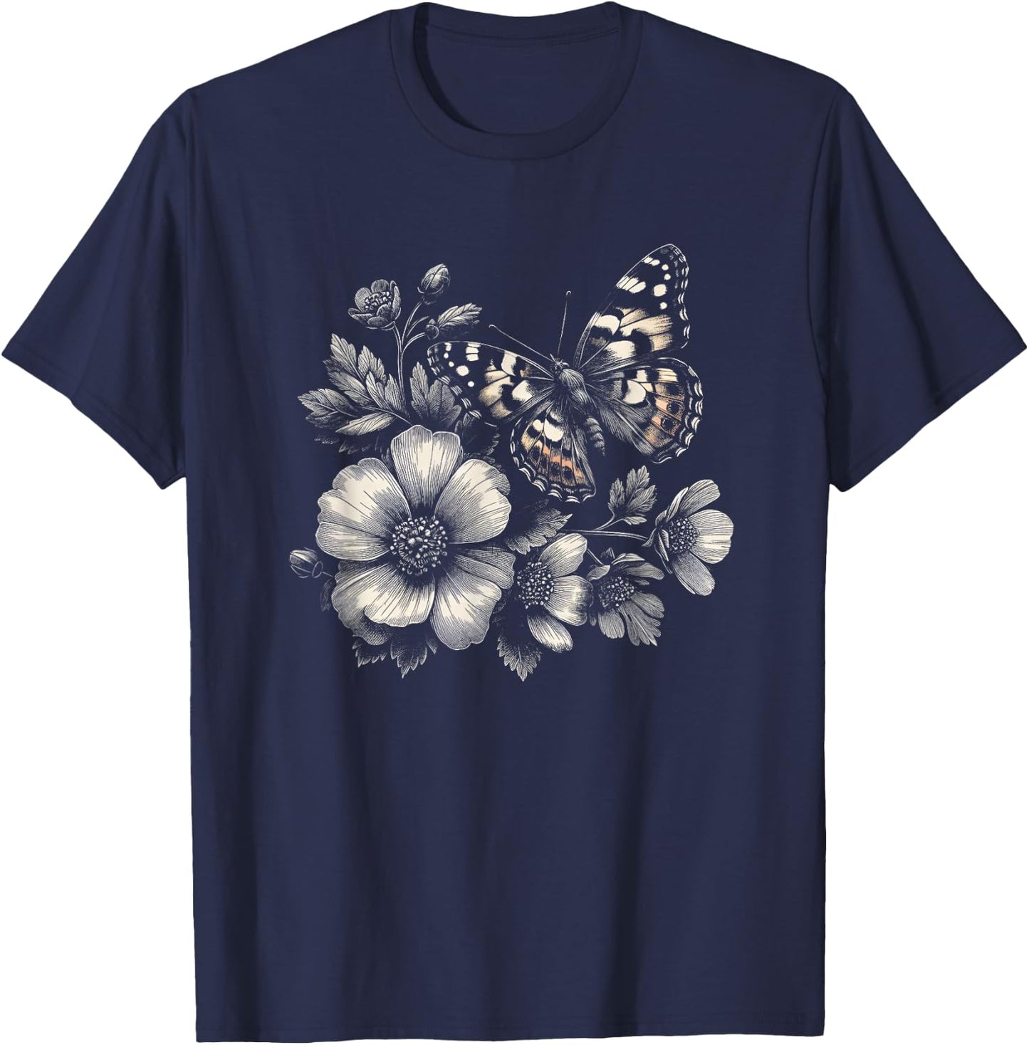 Butterfly with Flowers Graphic Art Design and Men T-Shirt - T-Shirt | Navy