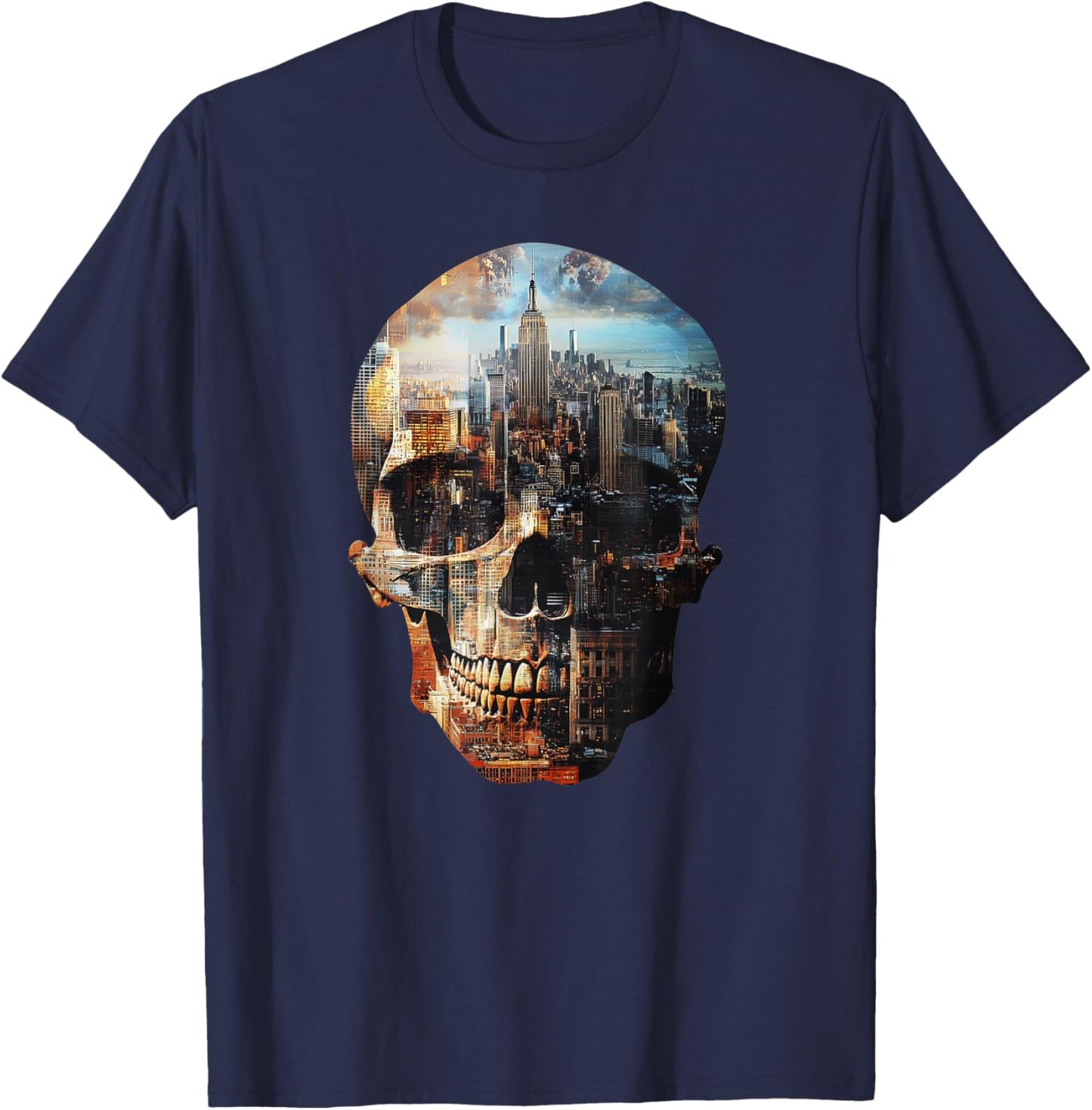 SKULL NEW YORK SKYLINE abstract Stylish Double exposure T-Shirt - T-Shirt | Navy