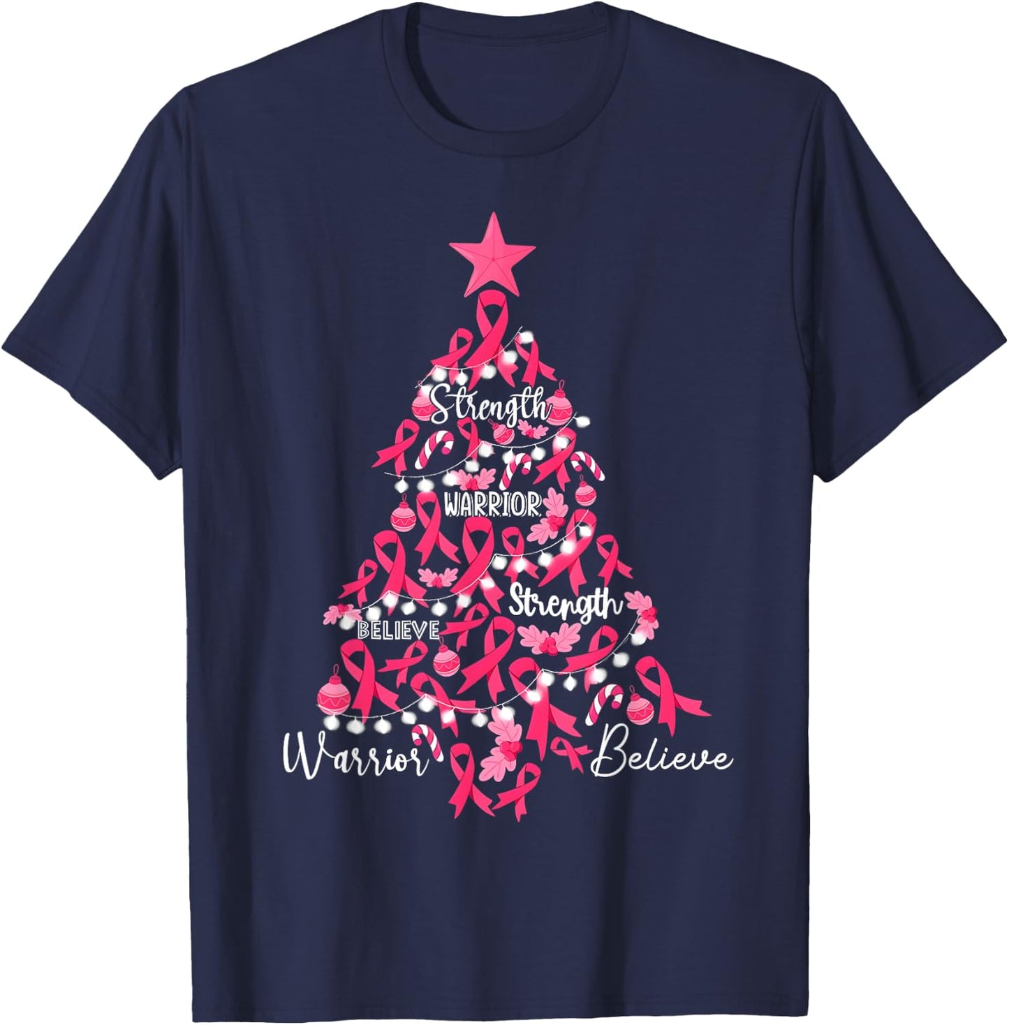 Breast Cancer Christmas Tree Pink Ribbon Fight Awareness T-Shirt - T-Shirt | Navy