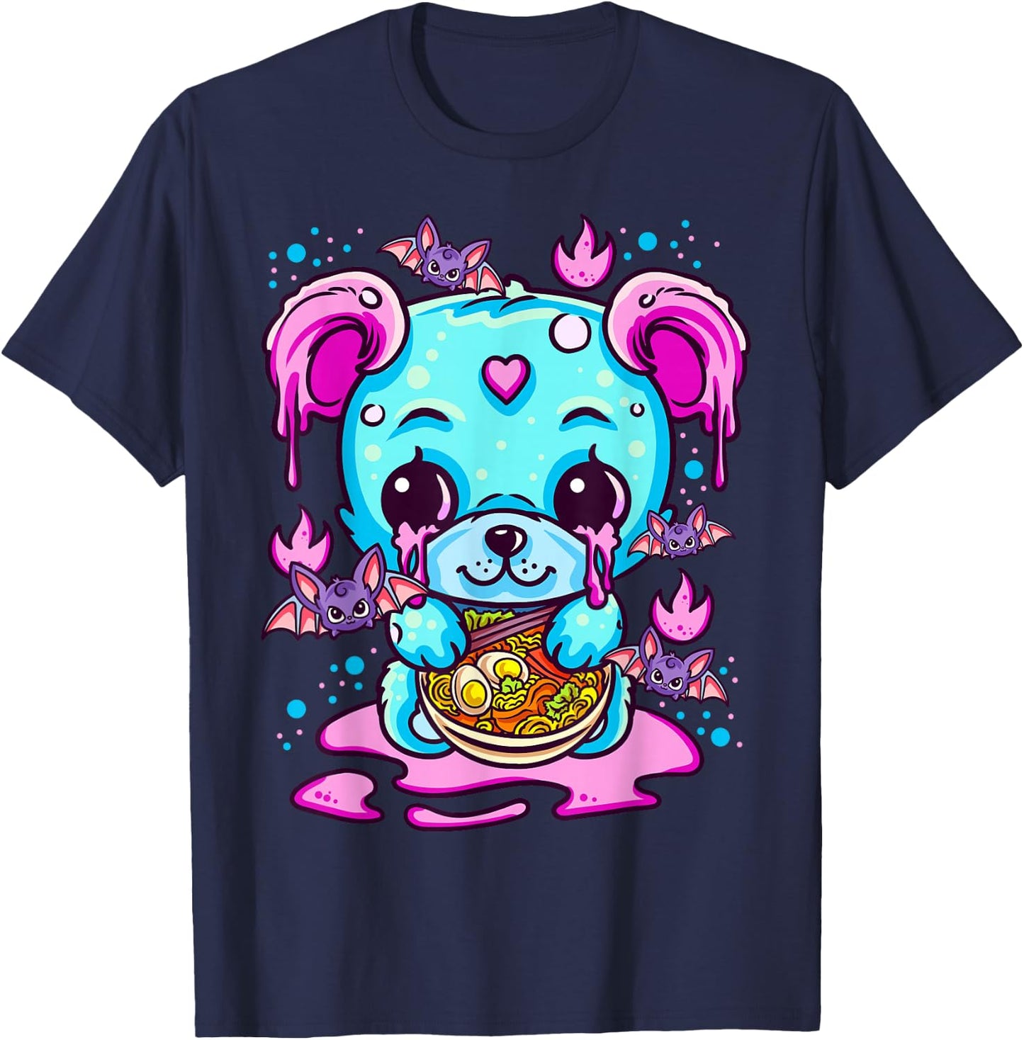 Cute Kawaii Creepy Pastel Goth Puppy Eating Ramen Noodles T-Shirt - T-Shirt | Navy
