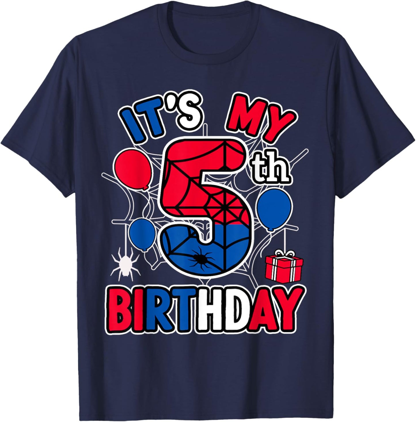 5th Birthday Present Boy Spider Web Theme Party 5 Year Old T-Shirt - T-Shirt | Navy