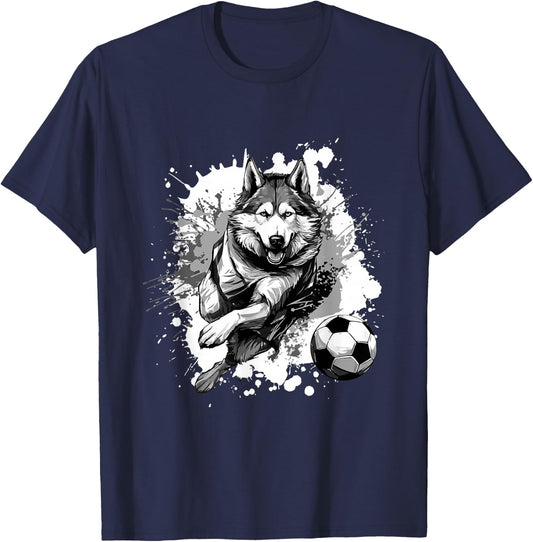 Husky Dog Playing Soccer | Sports Team T-Shirt - T-Shirt | Navy