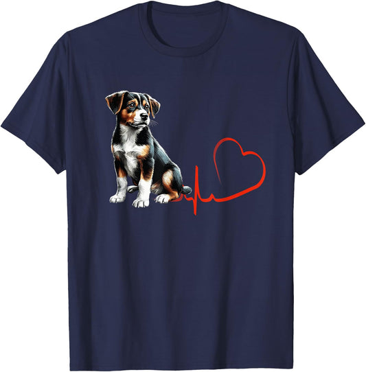 Mountain Feist Dog Heartbeat EKG Funny Dogs Owner & Lover T-Shirt - T-Shirt | Navy
