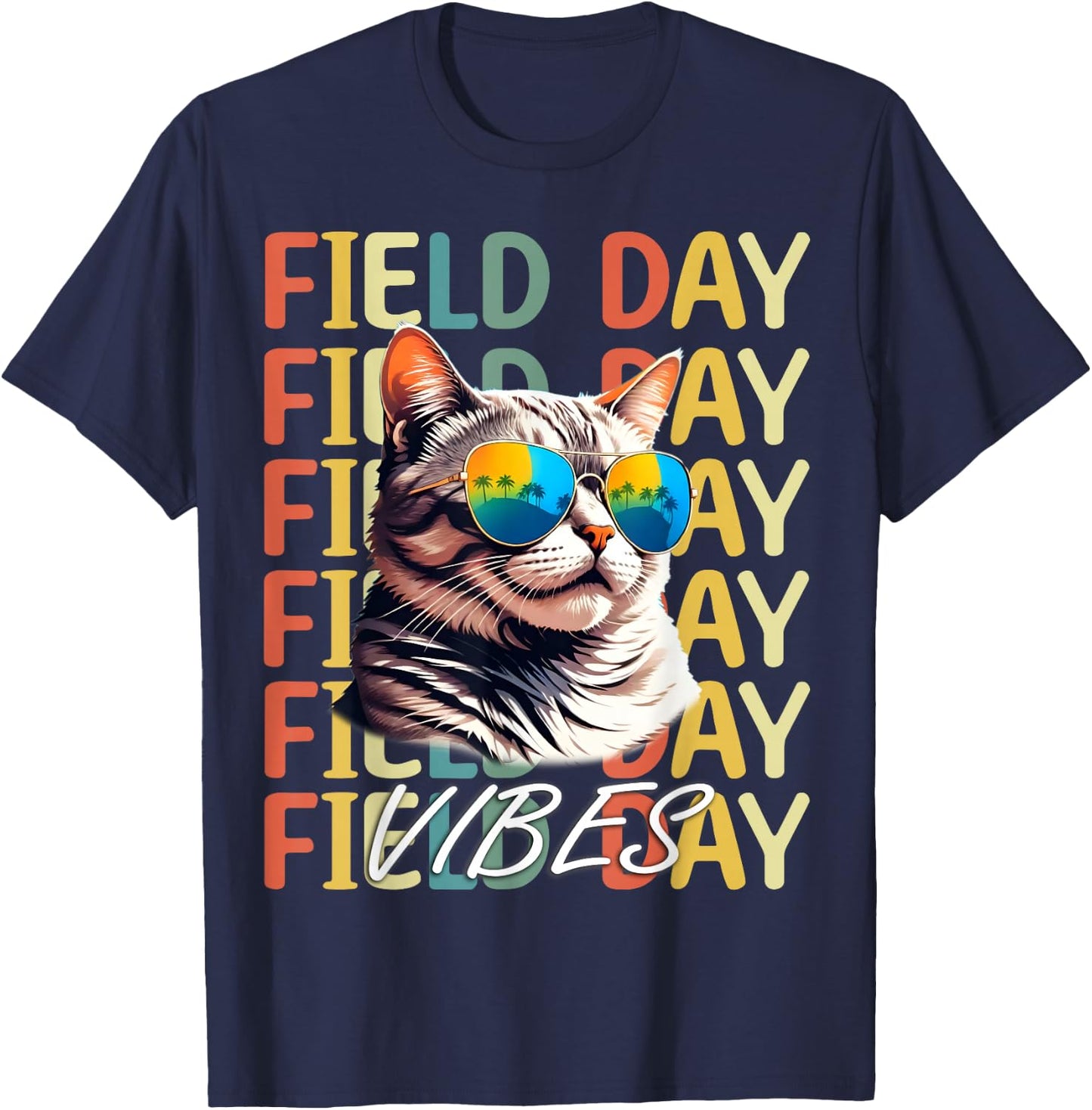 School field day Vibes Summer 2024 Retro Cat Teachers Kids T-Shirt - T-Shirt | Navy