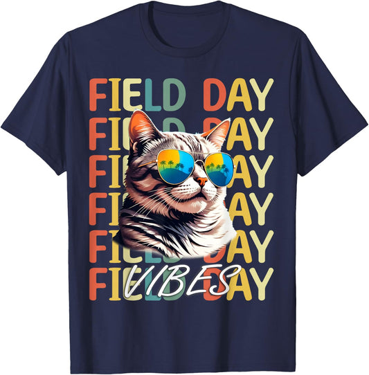 School field day Vibes Summer 2024 Retro Cat Teachers Kids T-Shirt - T-Shirt | Navy