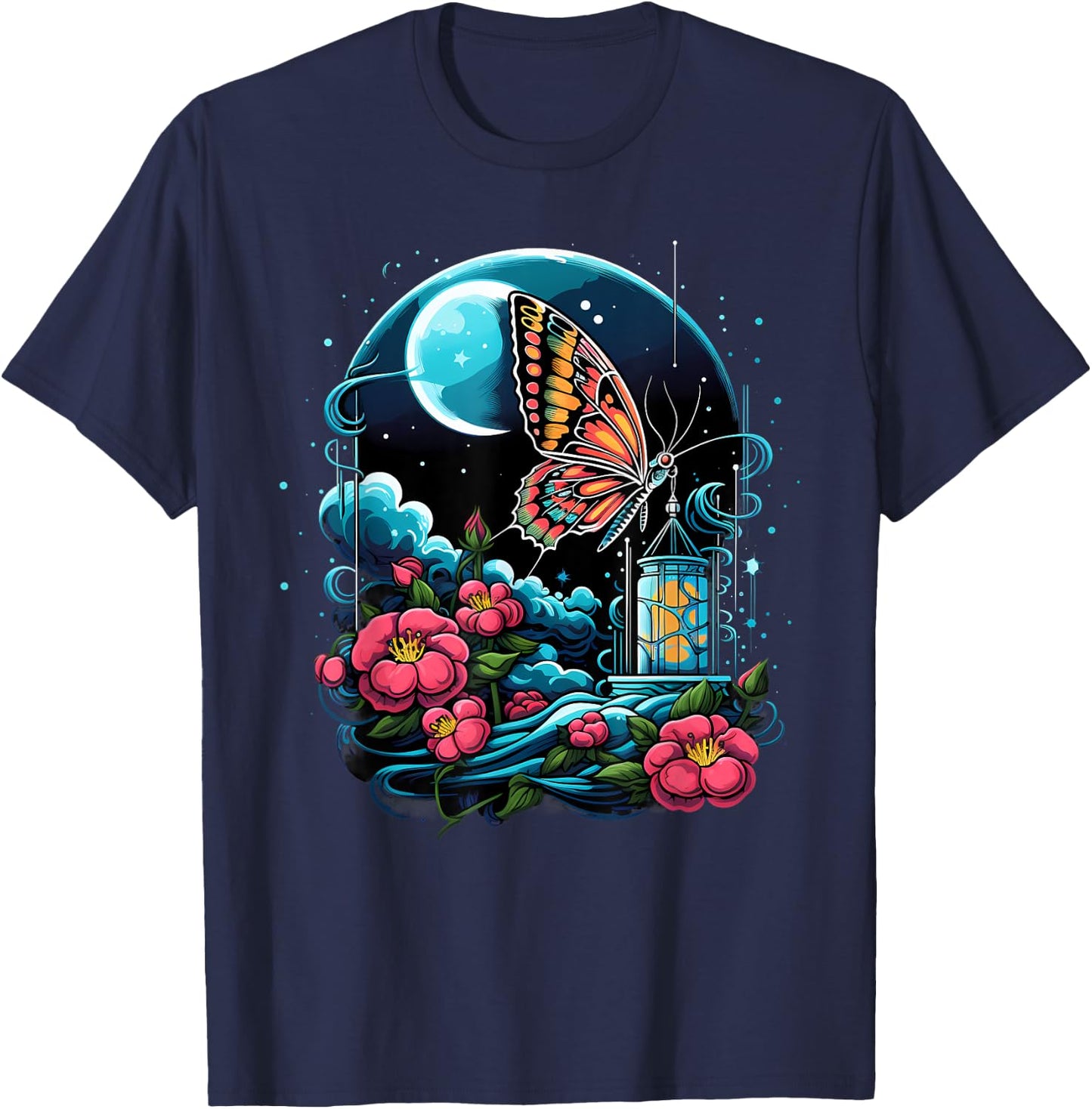 Butterfly Floral Colorful Artwork Moon Nature Animal Lovers T-Shirt - T-Shirt | Navy