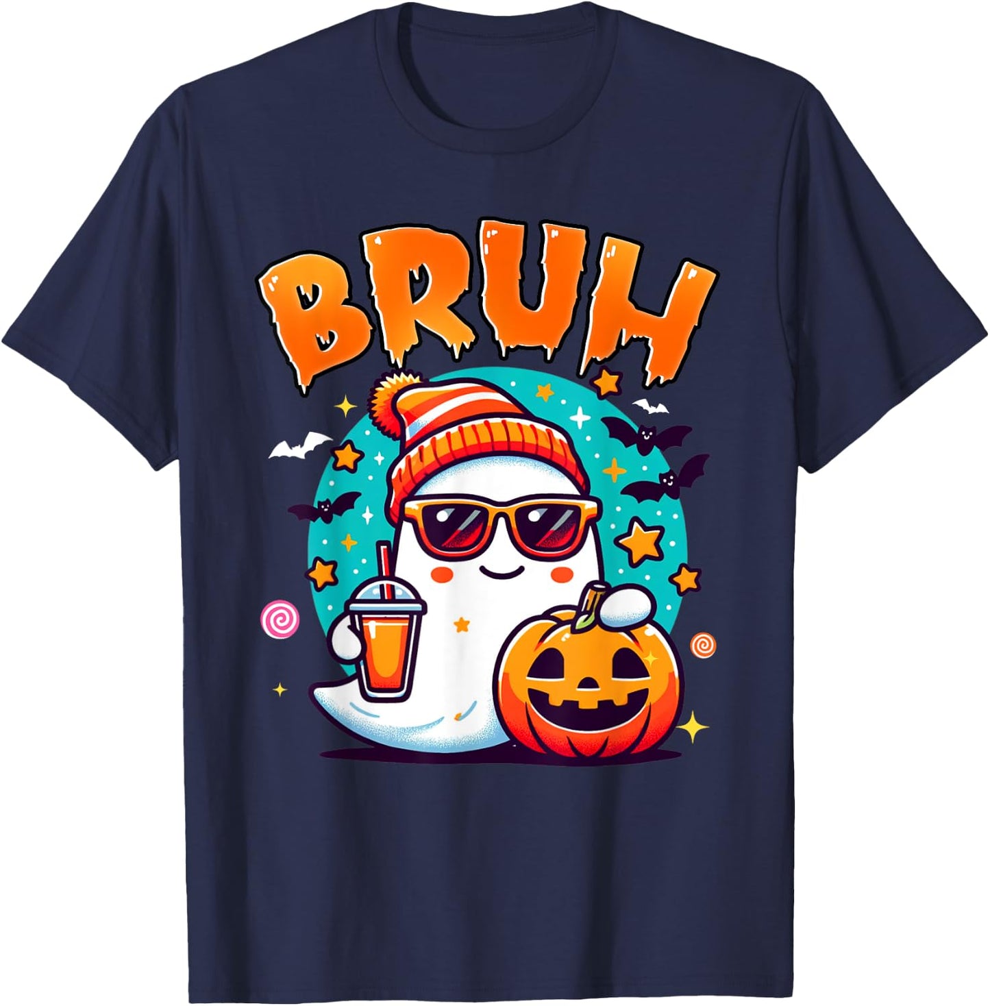 Bruh Ghost Halloween Cute Ghost Trick Or Treat Candy Kids T-Shirt - T-Shirt | Navy