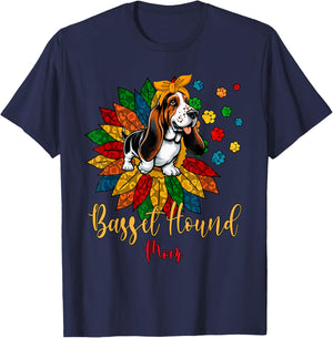 Basset Hound Mom Cute Colorful Leopard Sunflower Dog Paws Women Kids T-Shirt - T-Shirt | Navy
