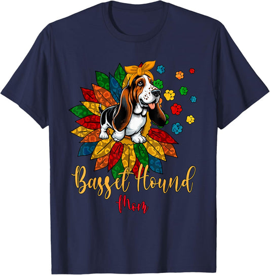 Basset Hound Mom Cute Colorful Leopard Sunflower Dog Paws Women Kids T-Shirt - T-Shirt | Navy