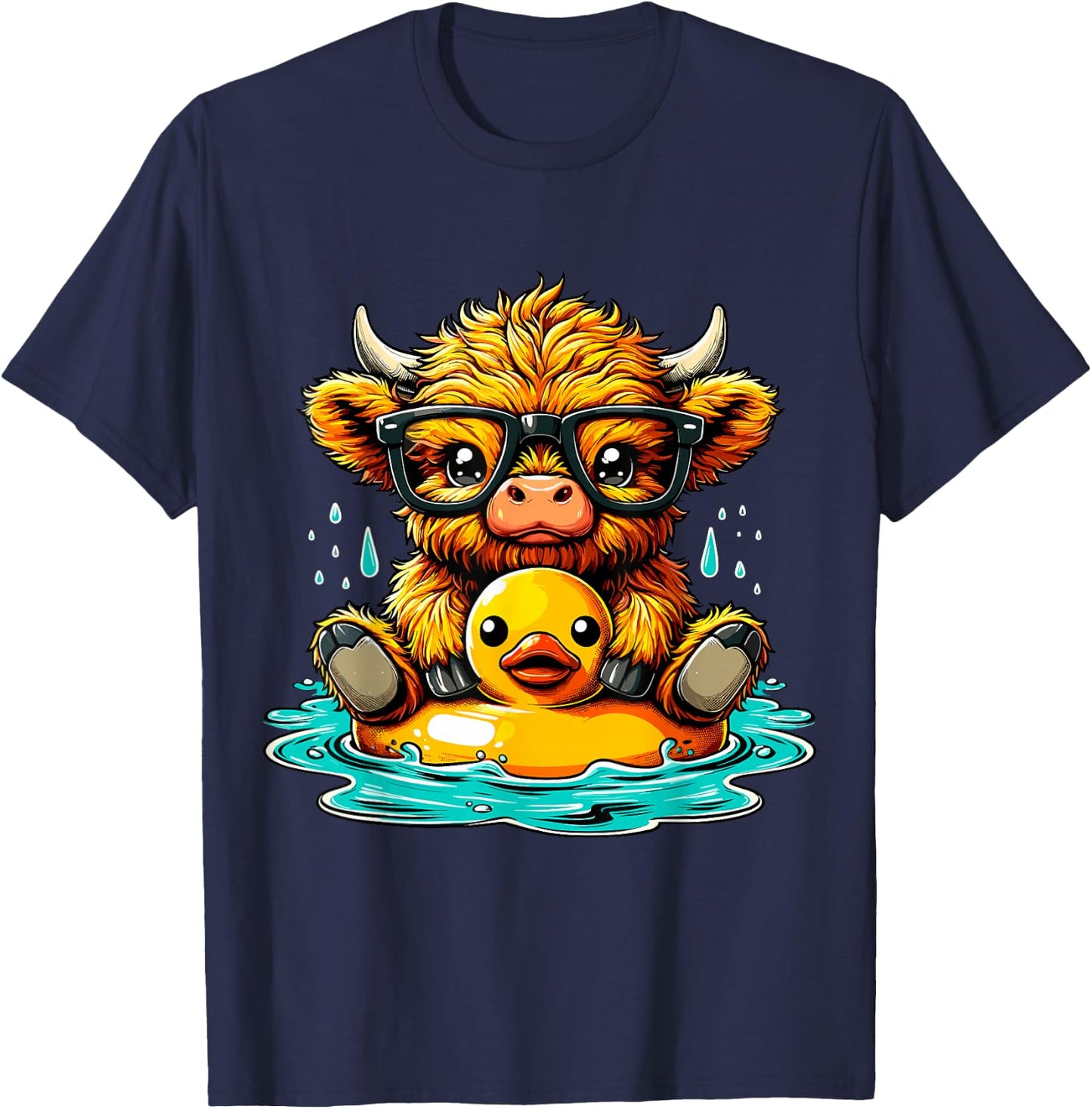 Highland Cow and Rubber Duck Swimming Summer Vacation T-Shirt - T-Shirt | Navy