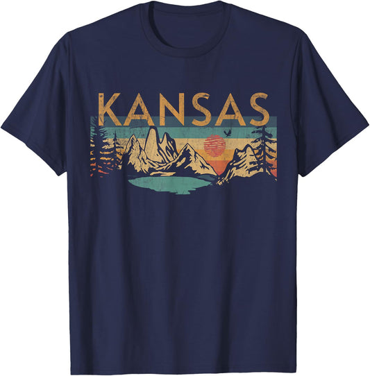 Kansas USA Outdoor Vintage Kansas Black Small Short Sleeve -Adults, -Kids Retro Sunset Vintage Design T-Shirt - T-Shirt | Navy