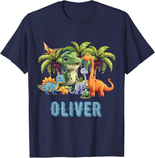 OLIVER Dinosaur Personalized Custom First Name Toddler Fun T-Shirt - T-Shirt | Navy