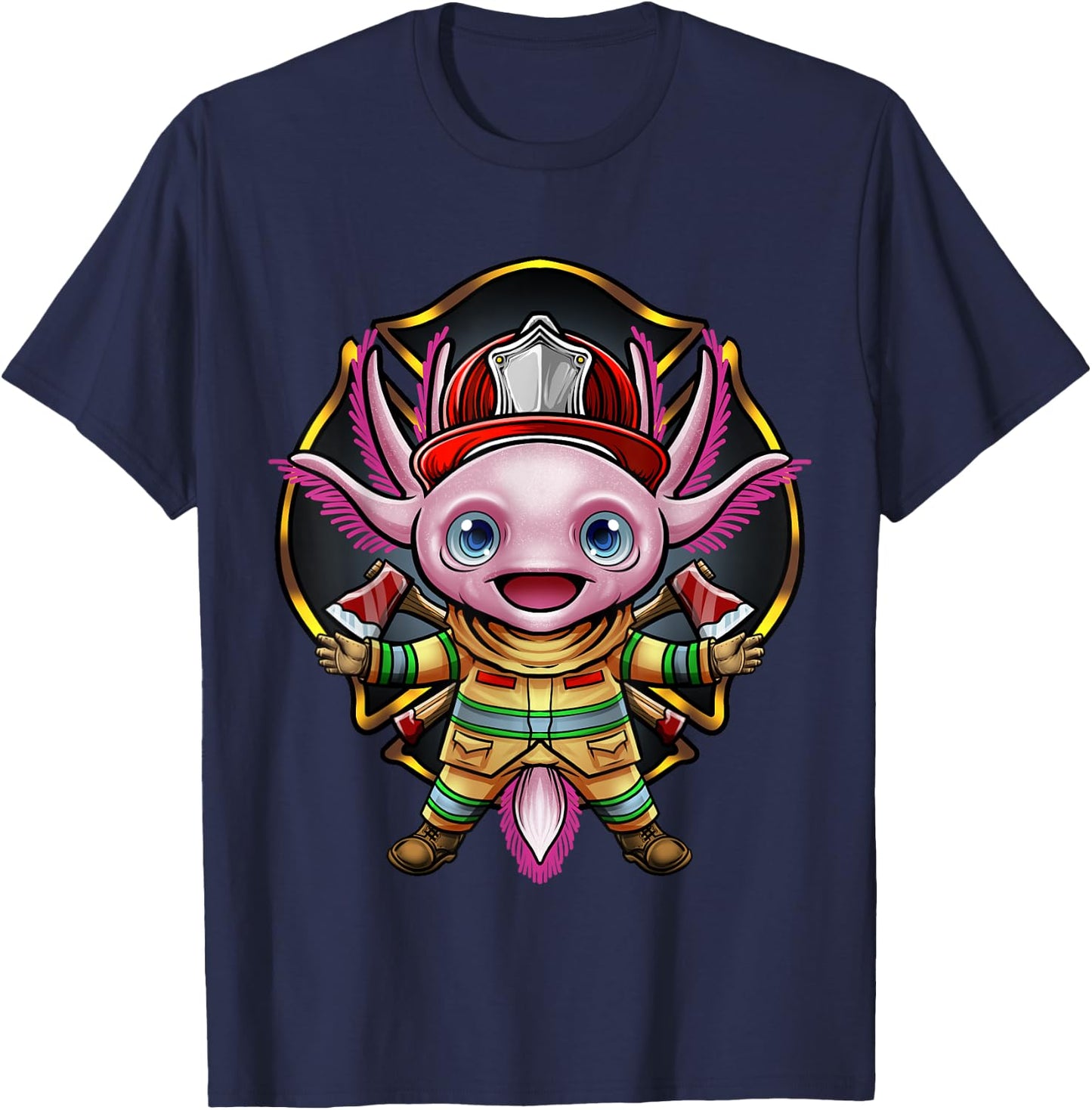 Axolotl Firefighter Fireman Helmet Ax Bunker Gear Fire Chief T-Shirt - T-Shirt | Navy