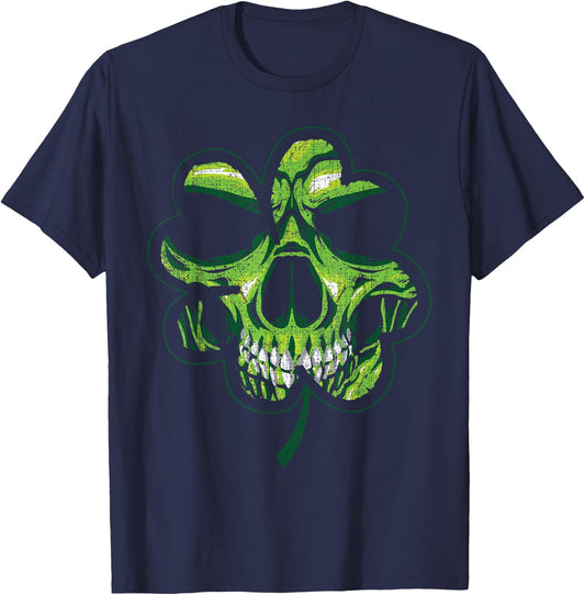 St. Patricks Day Shamrock Distressed Clover Biker Skull T-Shirt - T-Shirt | Navy
