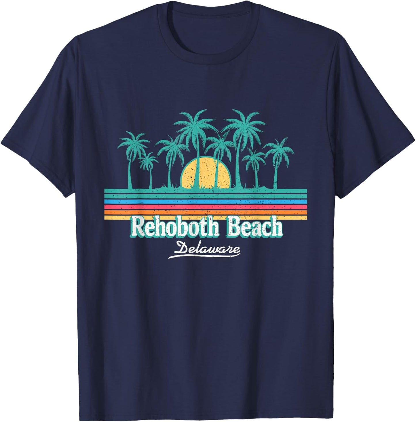 Rehoboth Beach Delaware Sunset Palm Trees Retro 70s 80s T-Shirt - T-Shirt | Navy