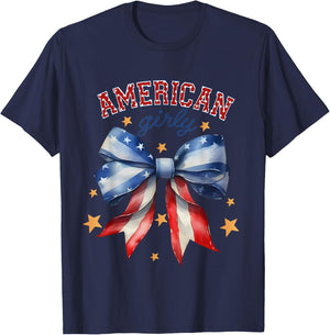 American Girly Coquette Bow 4th of July Flag Women Girls T-Shirt - T-Shirt | Navy