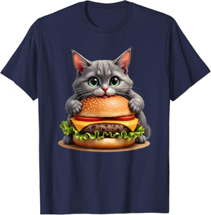 Funny Fast Food Cat Burger Lover Cute Cats Cheeseburger Women Kids T-Shirt - T-Shirt | Navy