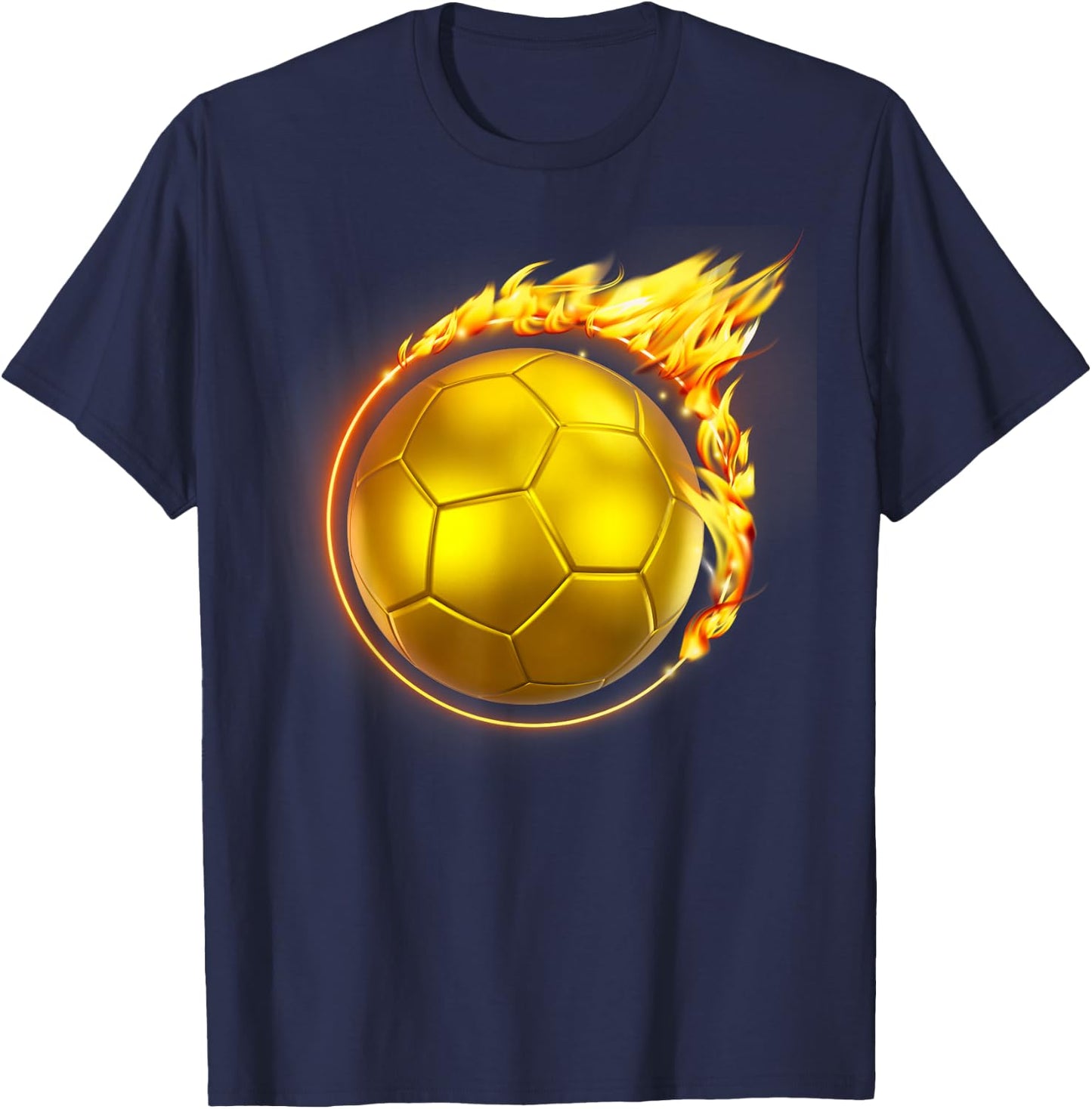 Gold Soccer Ball Flames Flaming Flying Soccer Ball on Fire T-Shirt - T-Shirt | Navy