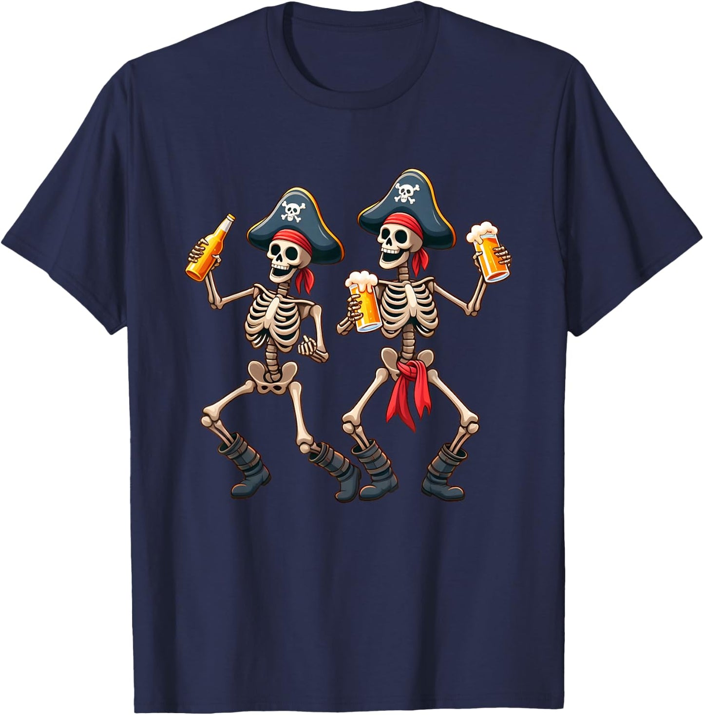 Funny Dancing Pirate Skeletons Beer Drinking Halloween Party T-Shirt - T-Shirt | Navy