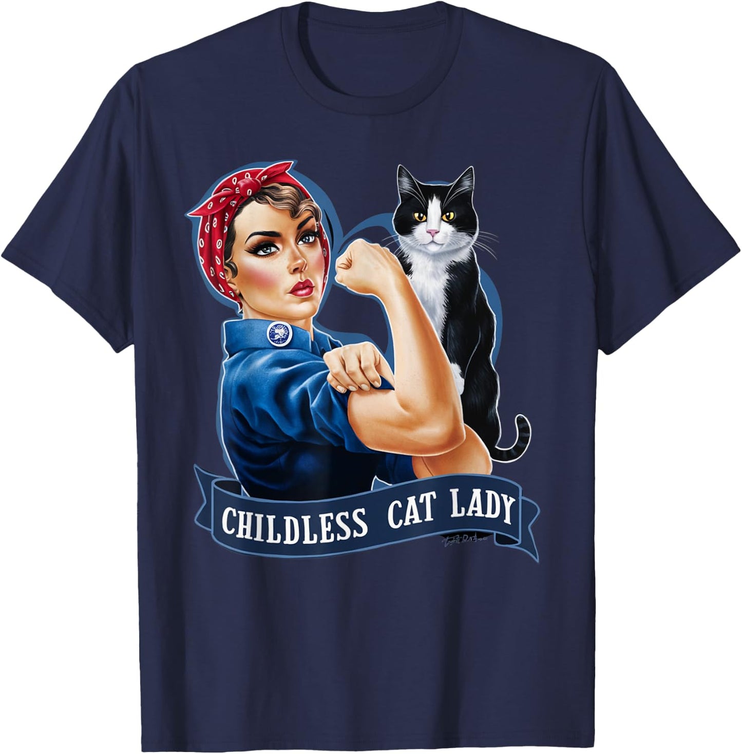 Childless Cat Lady Design Rosie the Riveter T-Shirt - T-Shirt | Navy