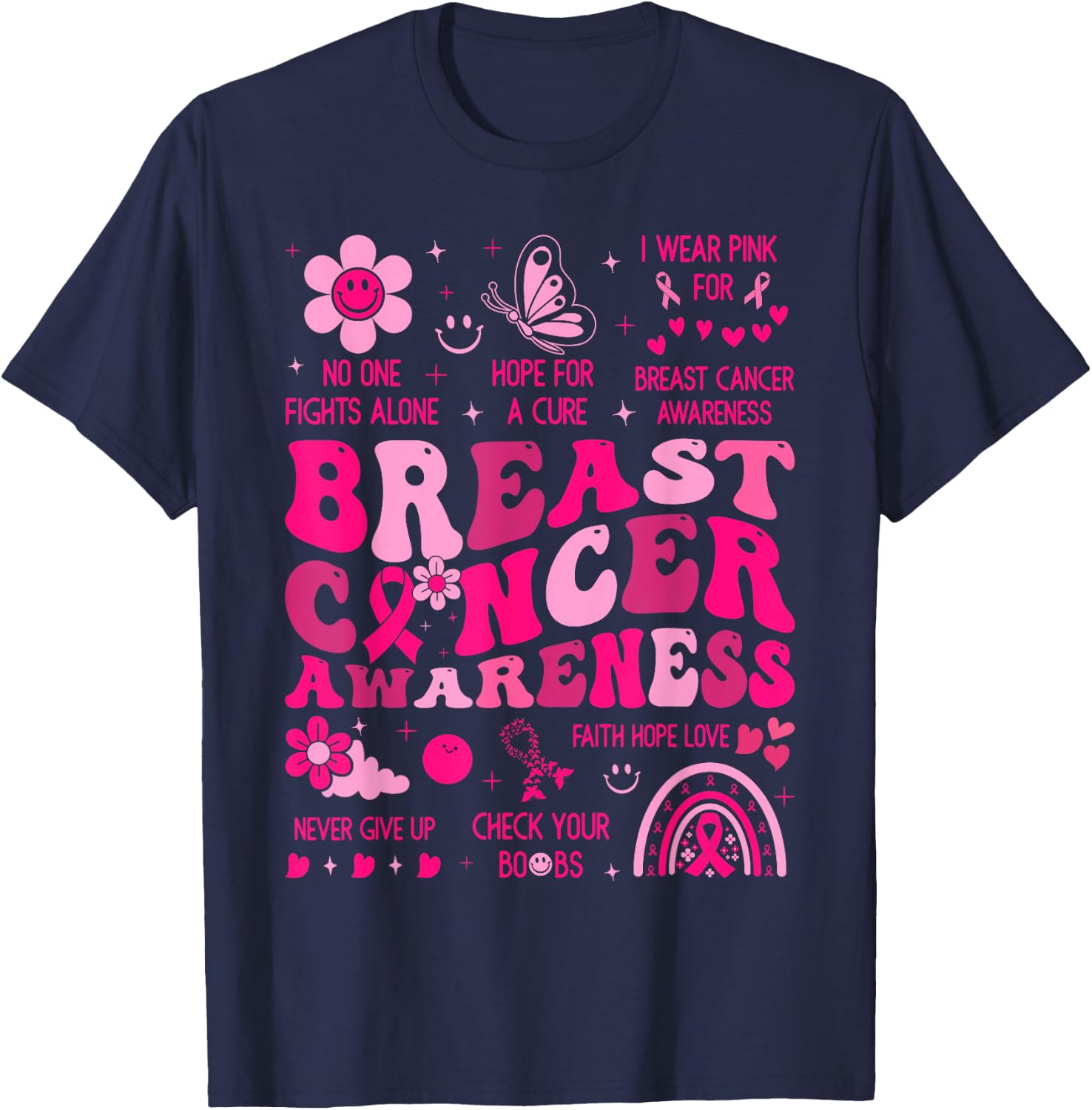 Groovy Breast Cancer Awareness Support Squad Women Girl Pink T-Shirt - T-Shirt | Navy