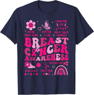 Groovy Breast Cancer Awareness Support Squad Women Girl Pink T-Shirt - T-Shirt | Navy