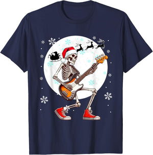 Christmas Santa Skeletons Playing Guitar Bass Guitarist T-Shirt - T-Shirt | Navy