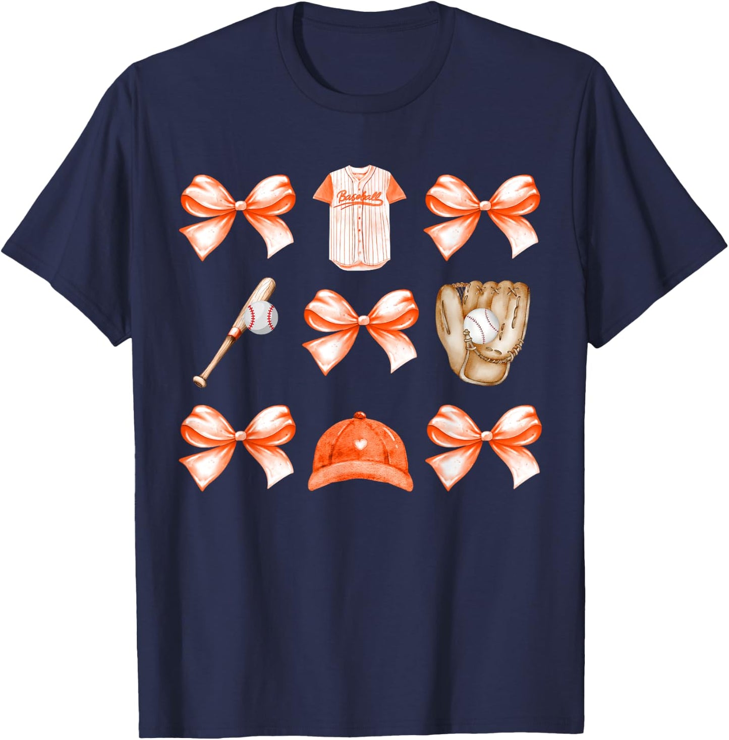 Baseball Game Day Orange Coquette Bow Baseball Mom Retro T-Shirt - T-Shirt | Navy