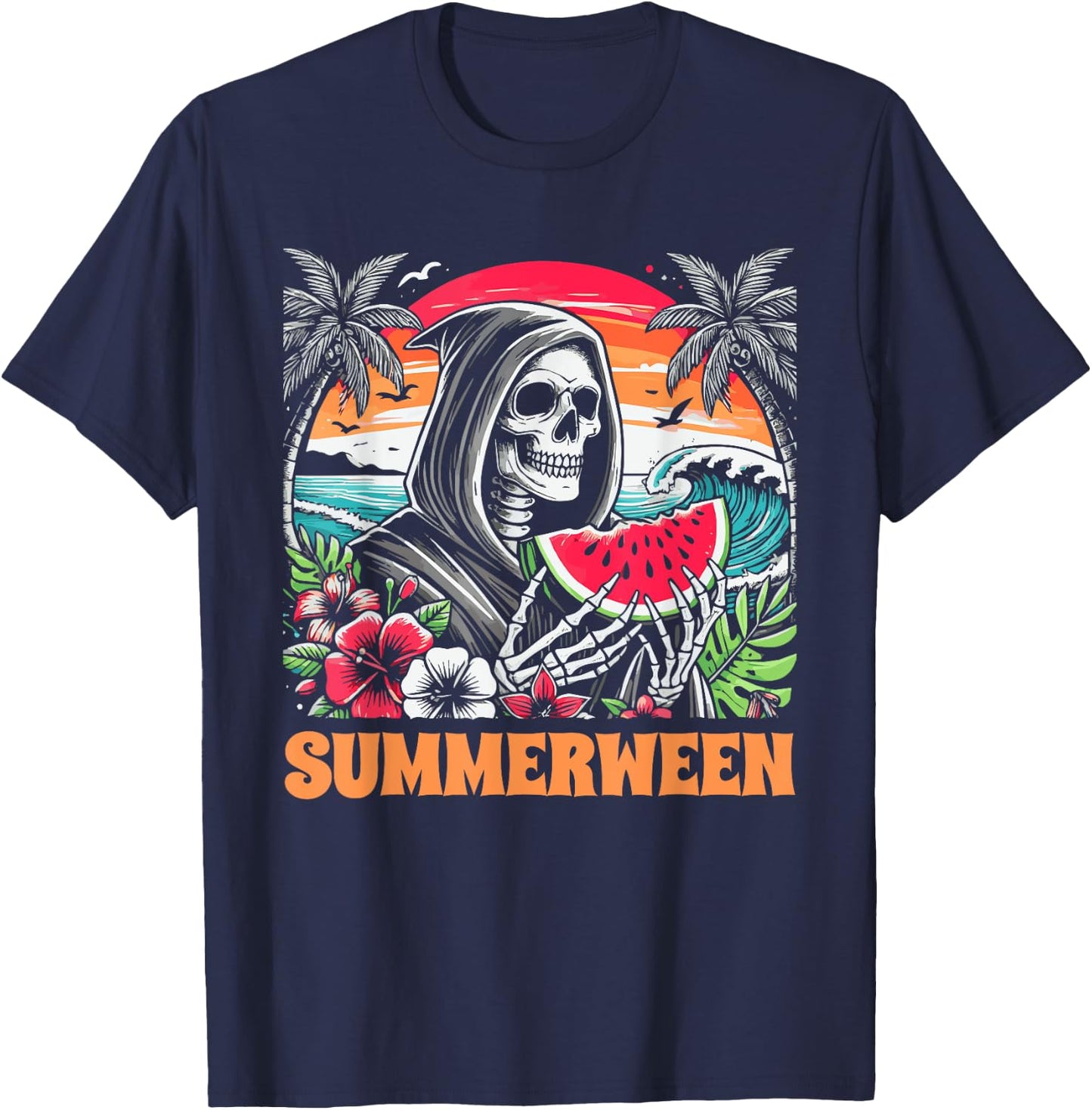 Summerween Skeleton Tropical Beach Scene T-Shirt - T-Shirt | Navy