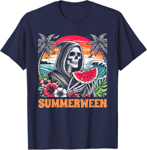 Summerween Skeleton Tropical Beach Scene T-Shirt - T-Shirt | Navy