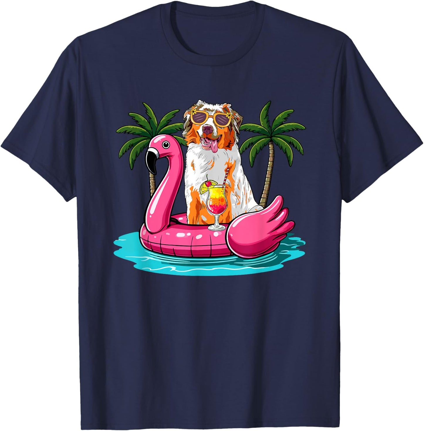 Australian Shepherd Sunglasses On Flamingo Cute Float Lover T-Shirt - T-Shirt | Navy