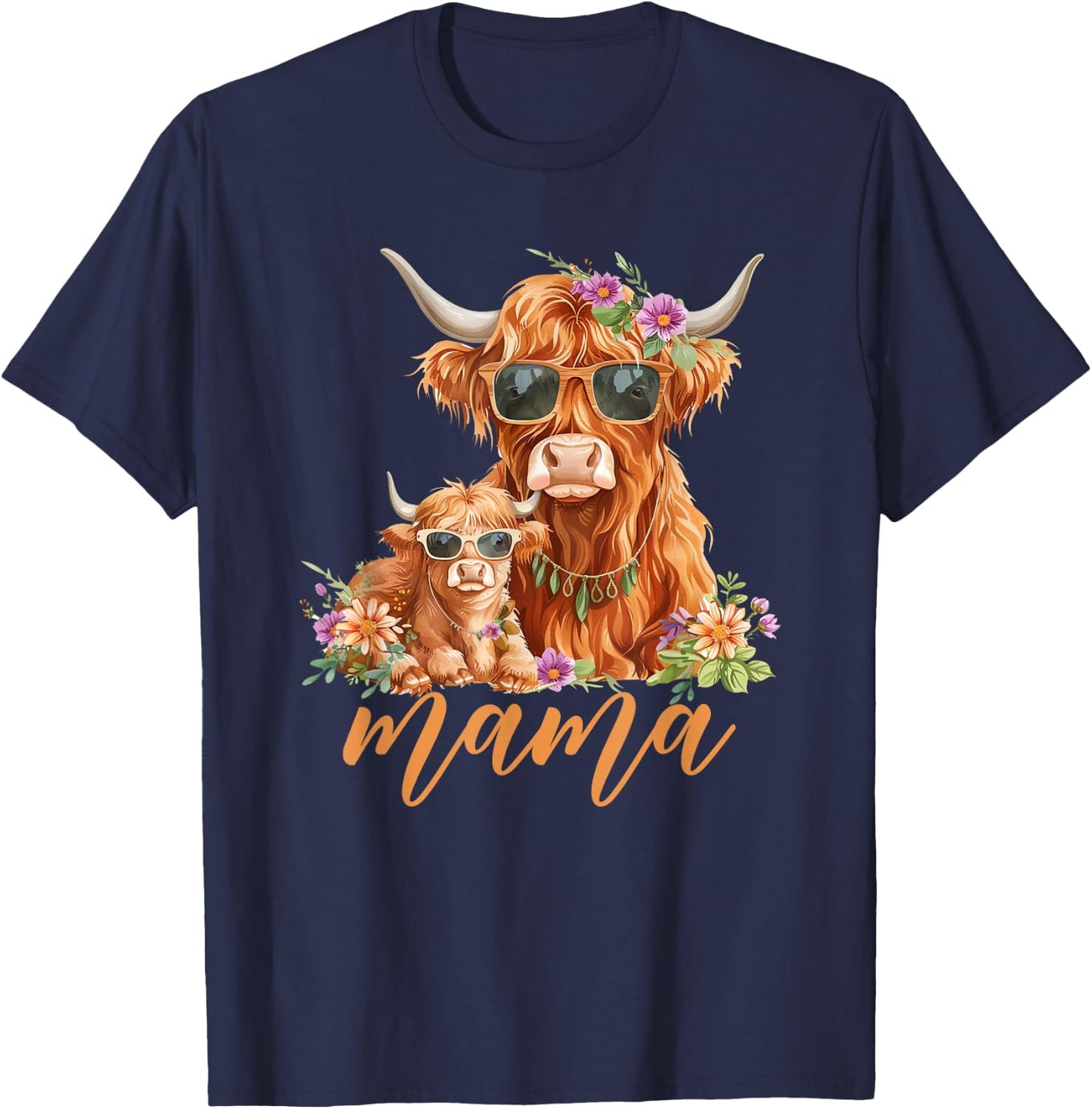 Cute Mama Highland Cow With Baby Calf Boho Floral Mommy Cow T-Shirt - T-Shirt | Navy