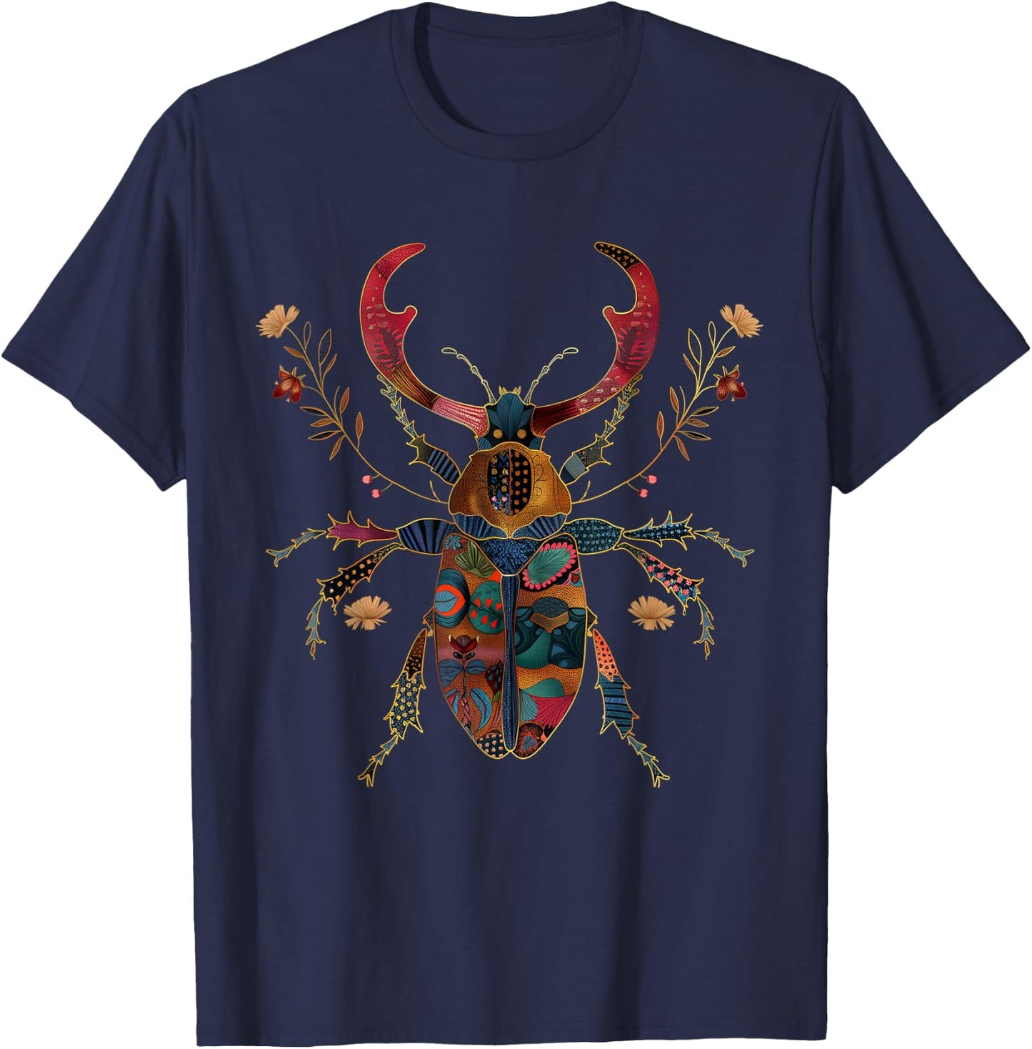 Deer Beetle Flowers Insects Beetle Tattoo Entomology T-Shirt - T-Shirt | Navy