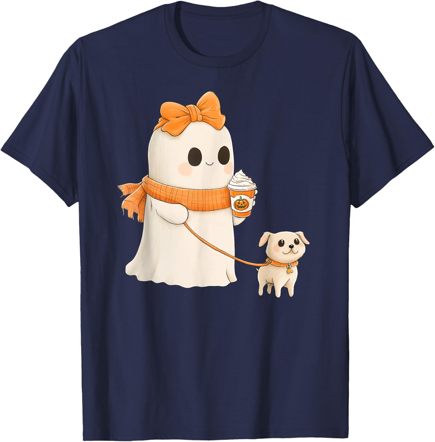 Cute Ghost Walking Dog Coquette Bow Halloween Dog Lover Girl T-Shirt - T-Shirt | Navy