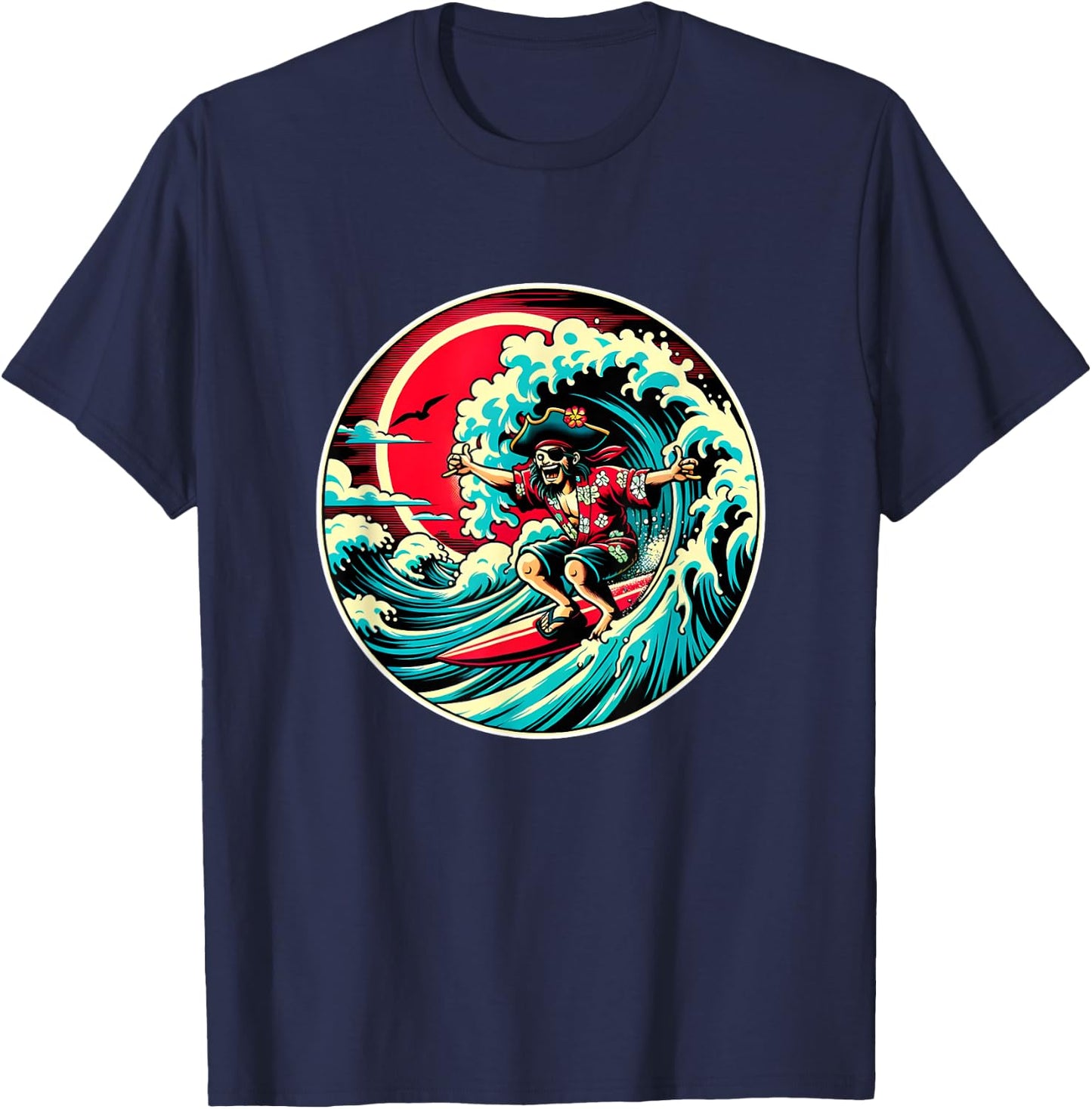 Great Wave Kanagawa Pirate Surfing T-Shirt - T-Shirt | Navy
