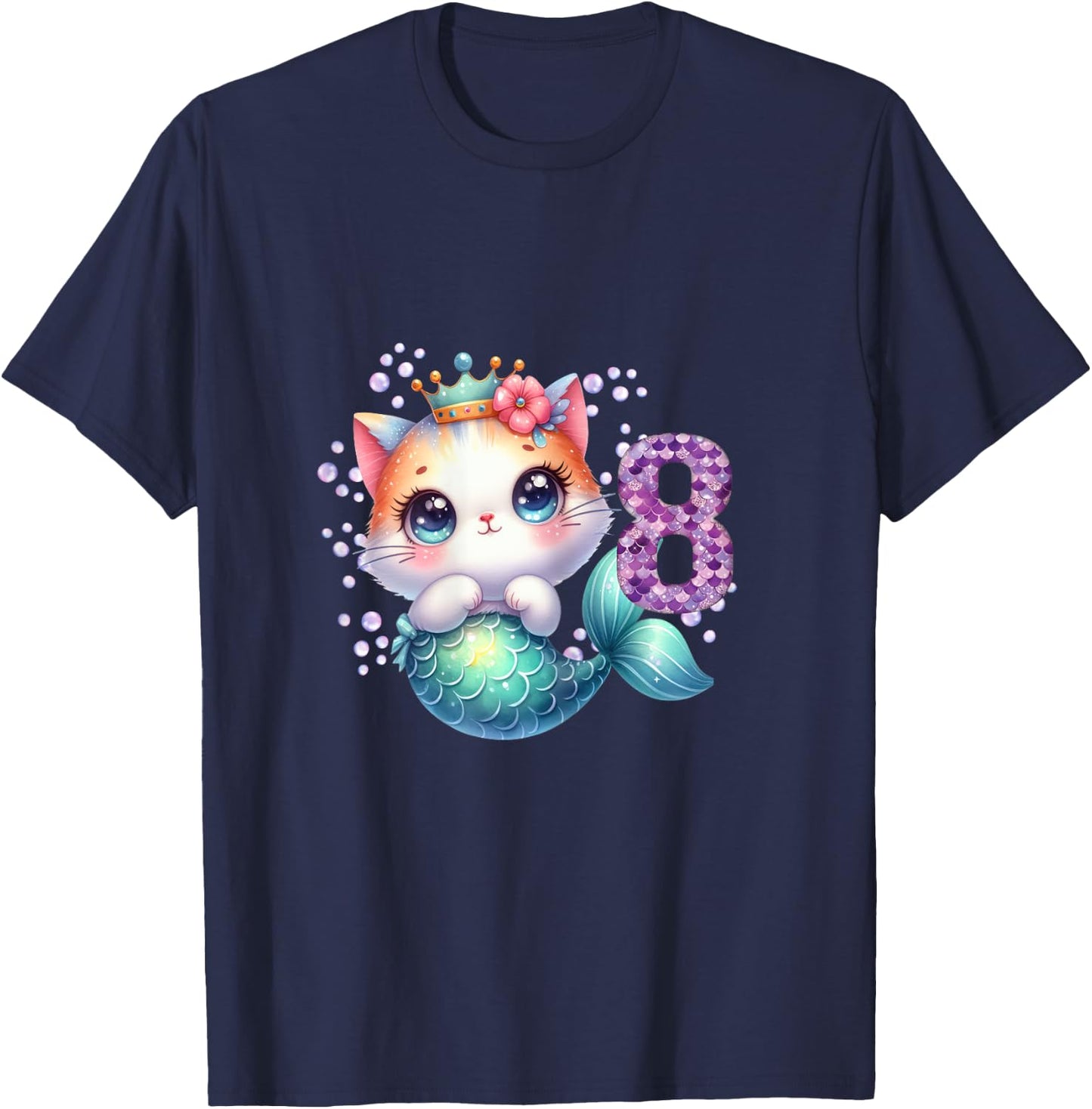 Cat Mermaid 8th Birthday 8 Year Old Party Girls Outfit T-Shirt - T-Shirt | Navy