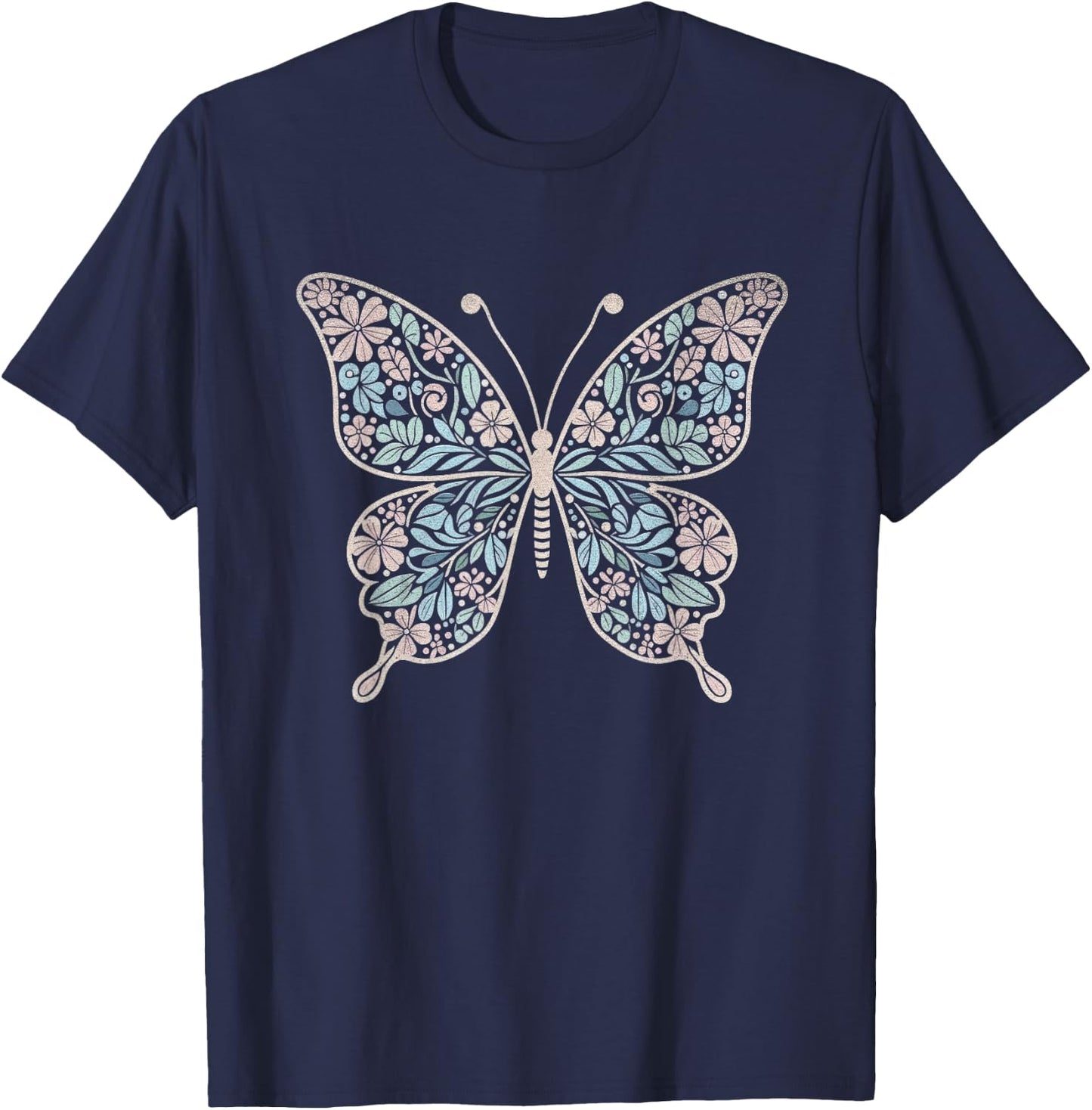 Flower Butterfly with Floral Graphic and Girls T-Shirt - T-Shirt | Navy