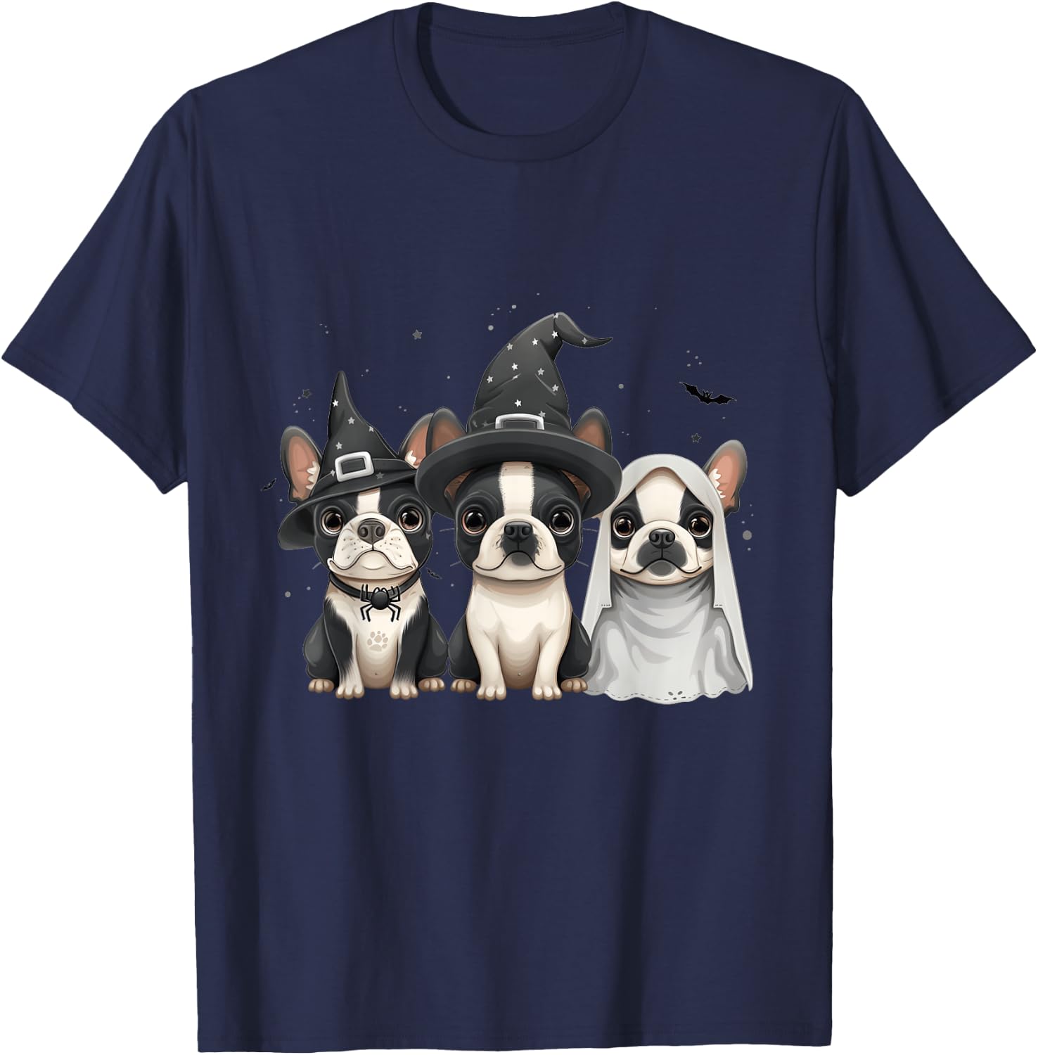 Cute Halloween Boston Terrier Dogs Witch Hat Ghost Dog Women Kids T-Shirt - T-Shirt | Navy