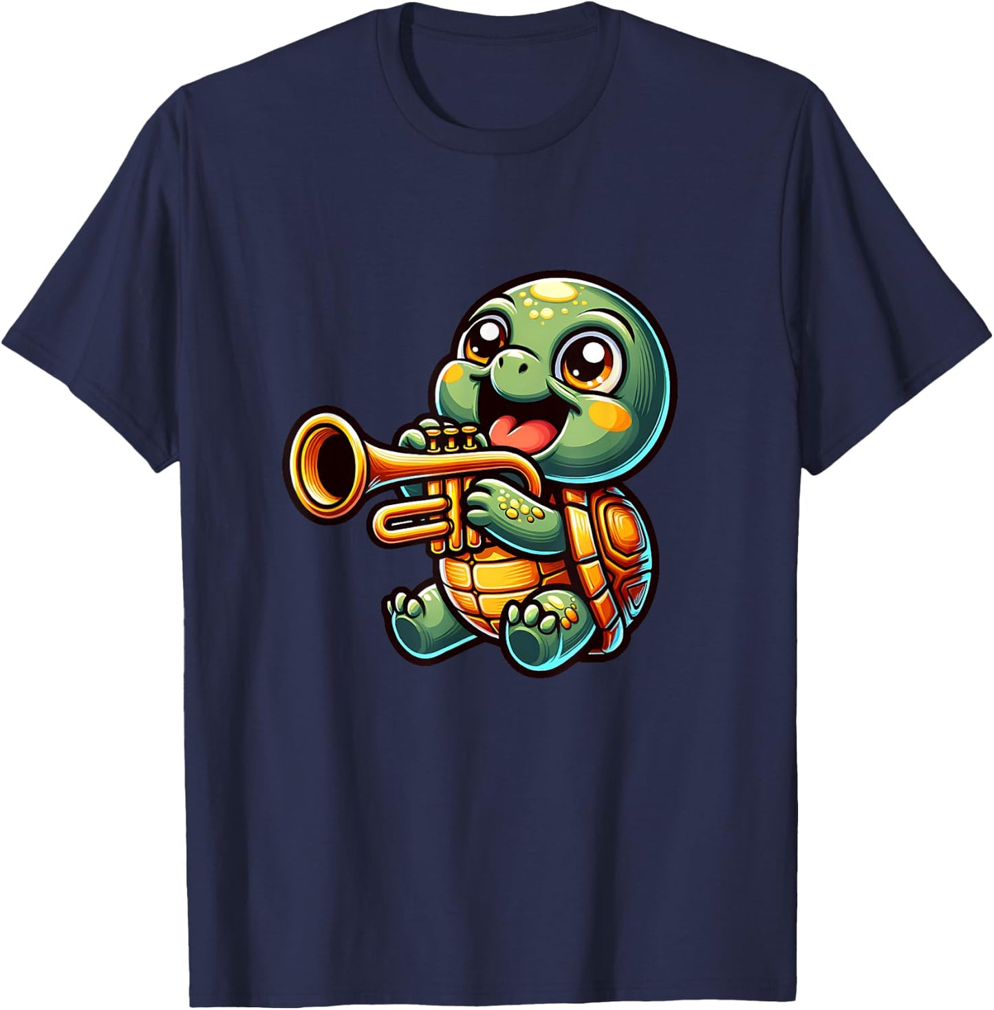 Cute Turtle Playing Trumpet Cartoon Design T-Shirt - T-Shirt | Navy