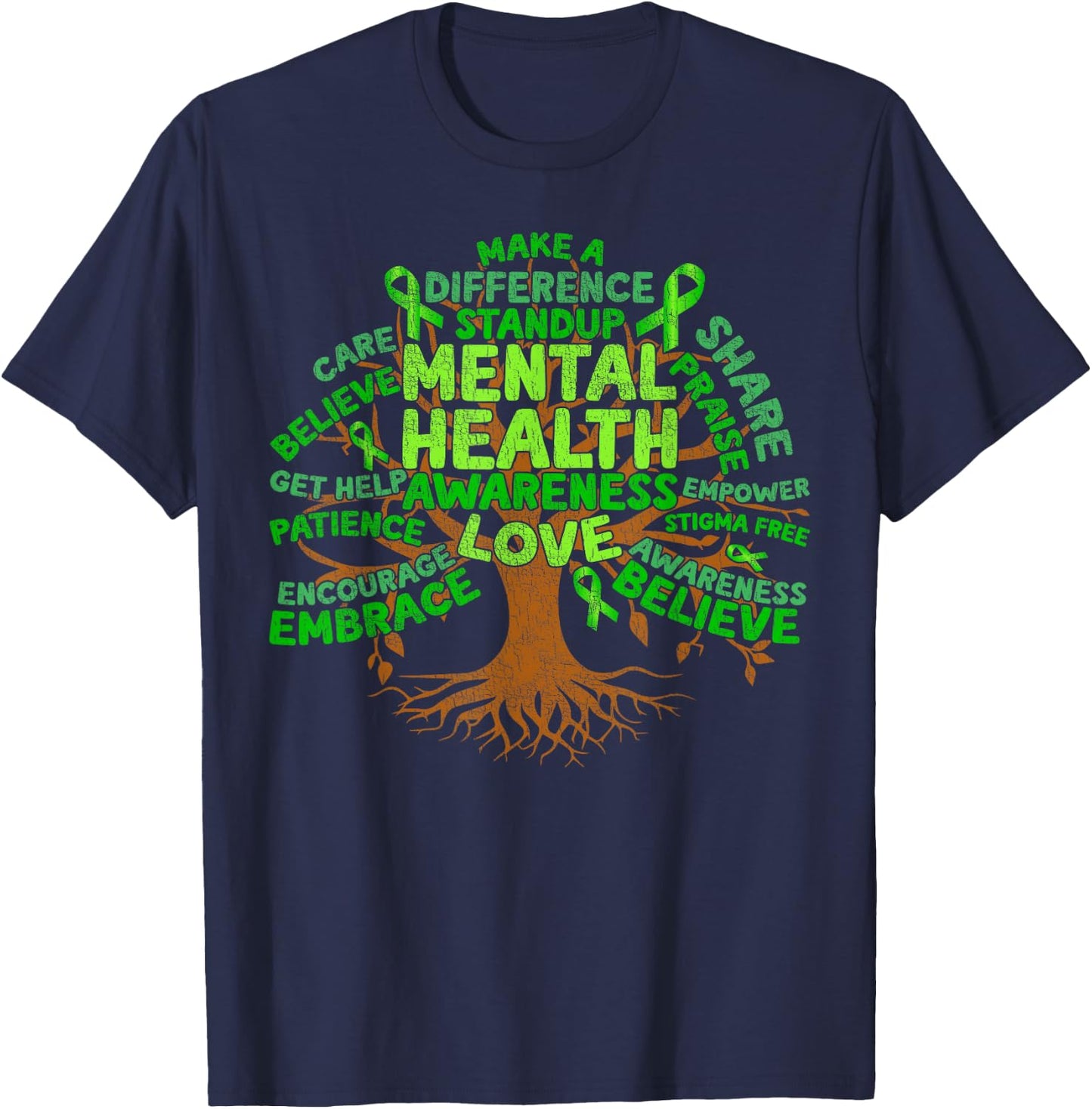 Motivational Support Green Tree Mental Health Awareness T-Shirt - T-Shirt | Navy