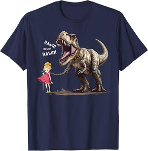 Cute T-Rex Dinosaur Pet on a Leach led by a Girl T-Shirt - T-Shirt | Navy
