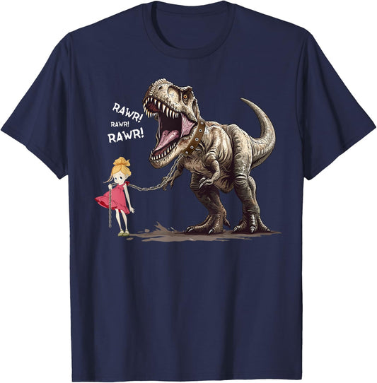 Cute T-Rex Dinosaur Pet on a Leach led by a Girl T-Shirt - T-Shirt | Navy