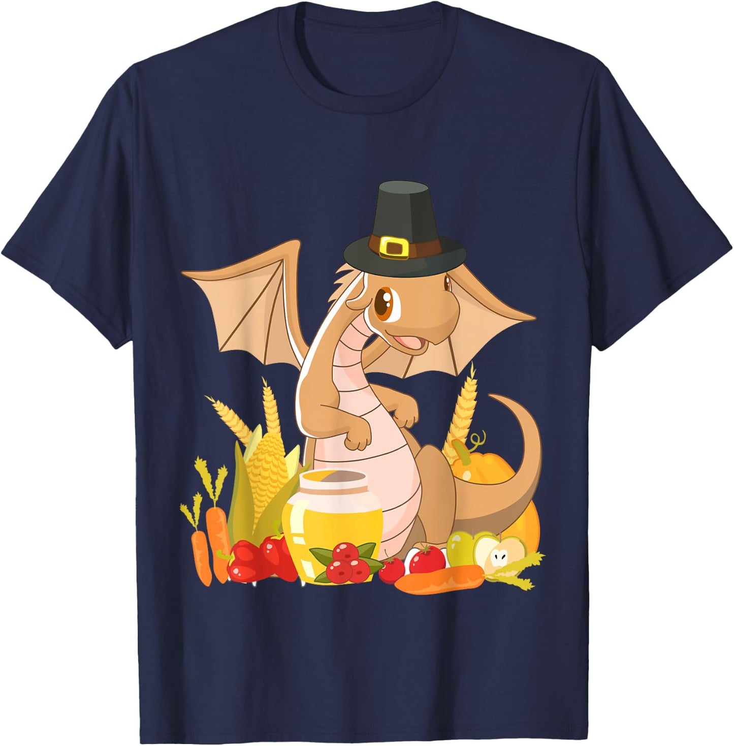 Cute Dragon Pilgrim - Happy Thanksgiving Holiday Autumn T-Shirt - T-Shirt | Navy