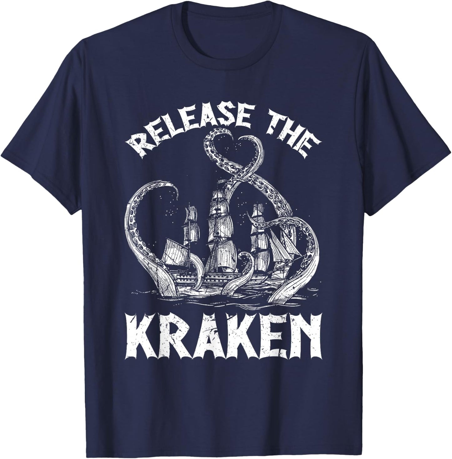 Funny Kraken Sea Monster Apparel Release The Kraken Octopus Sea Creature Adults & Kids Black Small T-Shirt - T-Shirt | Navy
