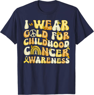 I Wear Gold For Childhood Cancer Awareness Groovy T-Shirt - T-Shirt | Navy