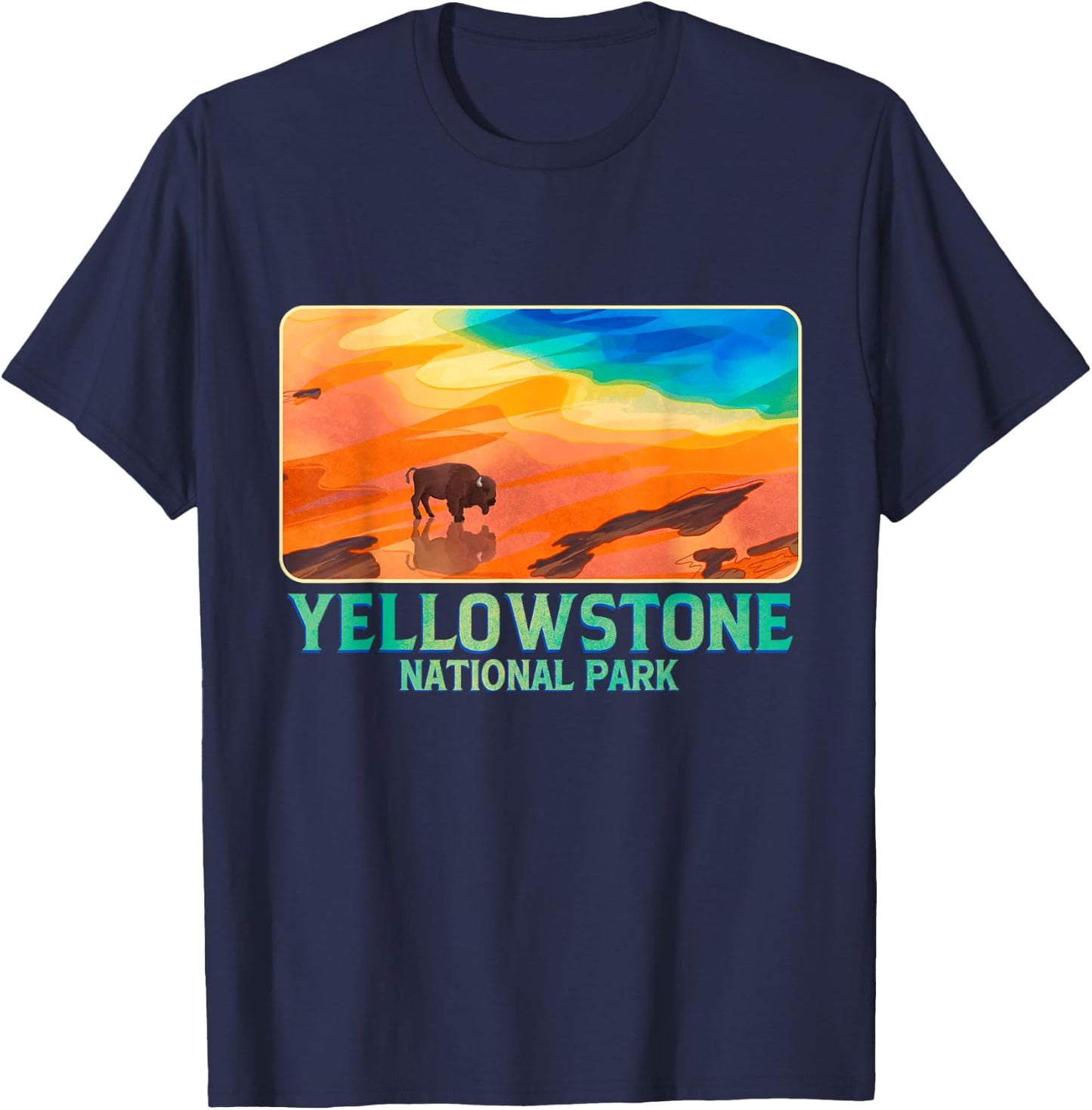 A Bison With Hot Spring Background Yellowstone National Park T-Shirt - T-Shirt | Navy