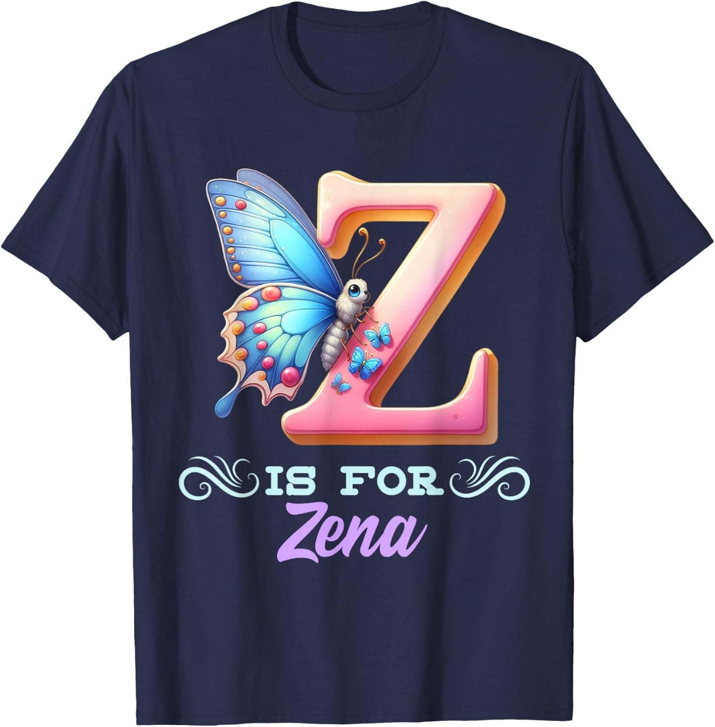 Z Is For Zena Girly Butterfly And Flower Initial Name T-Shirt - T-Shirt | Navy