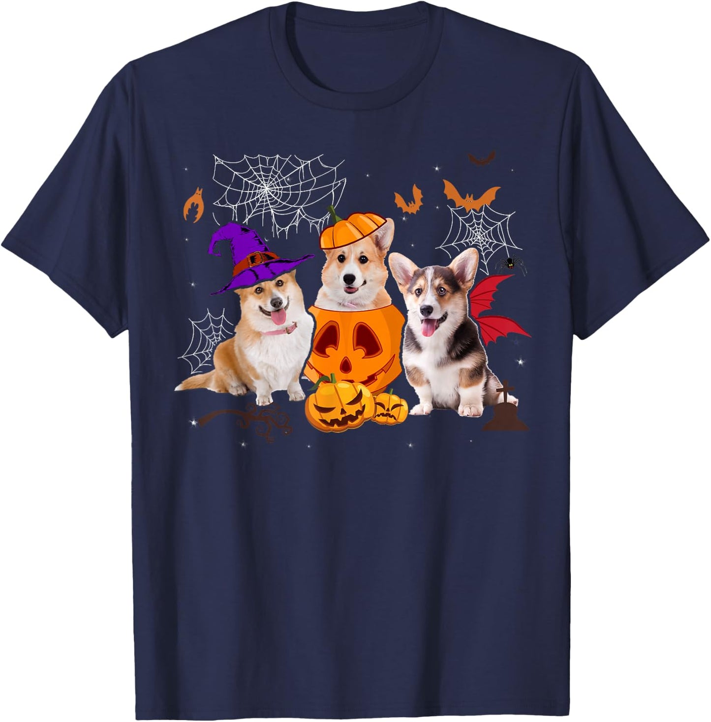 Funny Pumpkin Witch Corgi Matching Dog Halloween Gifts Men Women Kids T-Shirt - T-Shirt | Navy