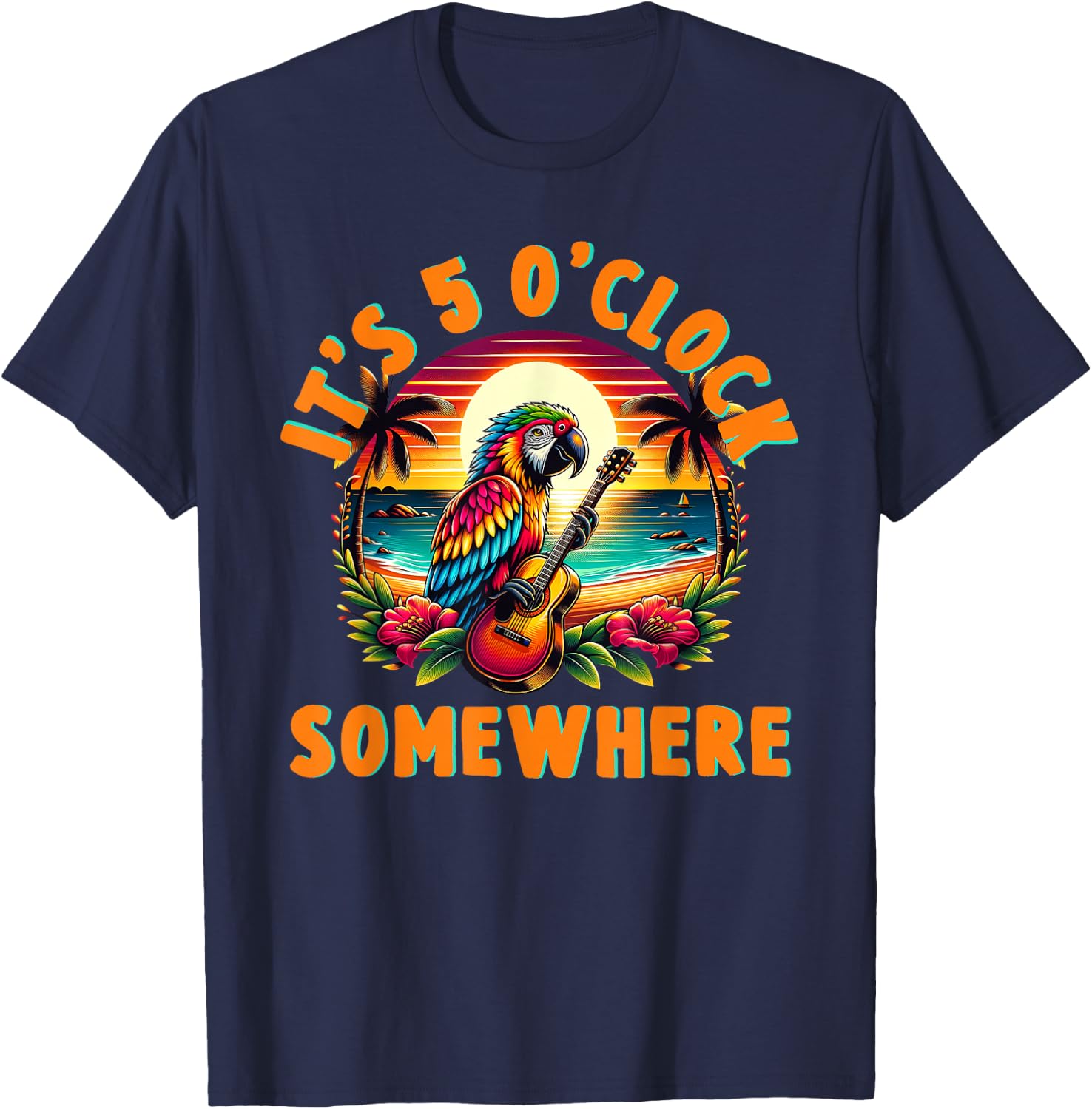 It's 5 O'clock Somewhere Funny Summer Beach Vacation Parrot T-Shirt - T-Shirt | Navy
